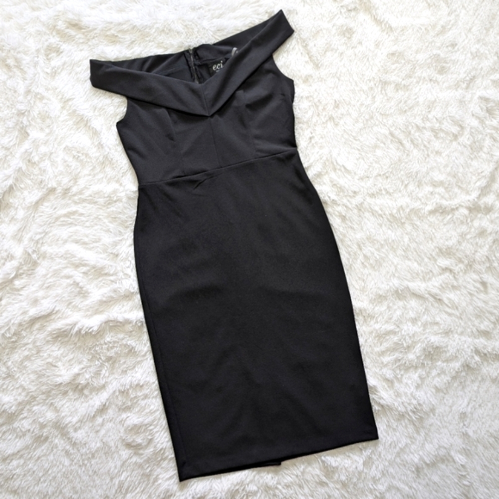 Eci Black Off The Shoulder Wide Neck Fitted Bodycon Sheath Dress Size 8